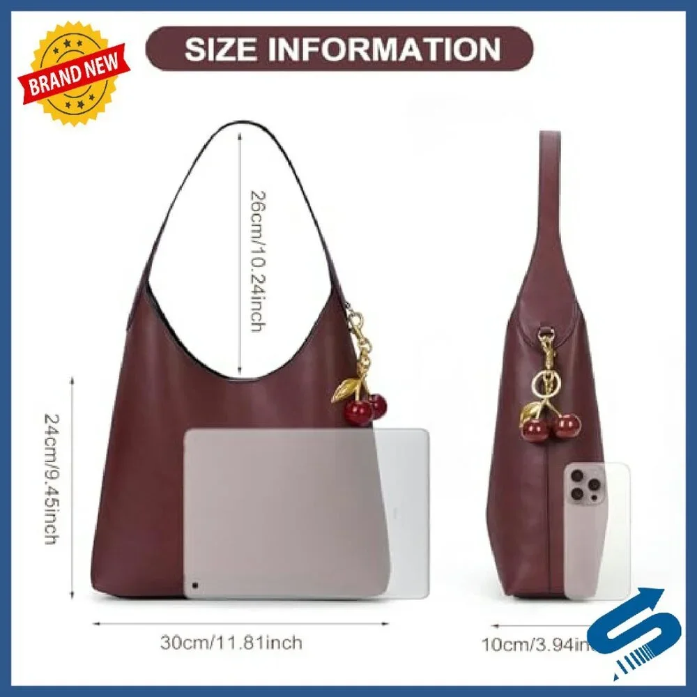 Vegan Leather Hobo Bag with Cherry Charm, Slouchy Tote Shoulder Purse - Picture 7 of 8